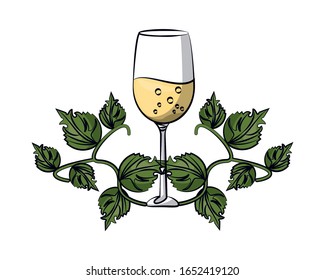 champagne cup drink with leafs vector illustration design