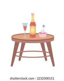 Champagne and cupcake on small table semi flat color vector objects. Editable elements. Full sized items on white. Holiday simple cartoon style illustration for web graphic design and animation