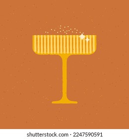 Champagne dessert glass. Alcohol drink in glass with bubbles and glitter. Wine alcoholic drink for holidays and party. Vector flat illustration with texture. Retro simple poster
