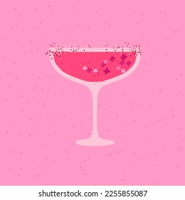 Champagne dessert glass. Alcohol drink with flower and sugar crumbs. Wine for wedding and celebration. Flat vector illustration with texture. simple retro alcohol drink poster