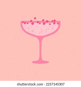 Champagne dessert glass. Alcohol drink with flowers. Rose wine for wedding and celebration. Flat vector illustration with texture. Minimalist drink poster