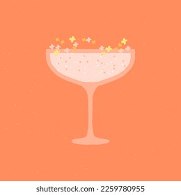 Champagne dessert glass. Alcohol drink with flowers. Rose wine for wedding and celebration. Martini for event. Flat vector illustration with texture. Minimalist drink poster