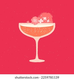 Champagne dessert glass. Alcohol drink with flowers and ice cream. Margarita for wedding and celebration. Pina Colada for event. Flat vector illustration with texture. Minimalist drink poster