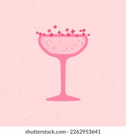 Champagne dessert glass. Alcohol drink with flowers. Rose wine for wedding and celebration. Light drink for bar in retro style. Flat vector illustration with texture