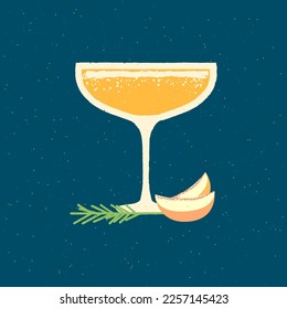 Champagne dessert glass. Cocktail drink glass with peach and rosemary. Alcohol citrus drink for weekend and party. Flat vector illustration with texture. Minimalist retro non-alcoholic drink poster