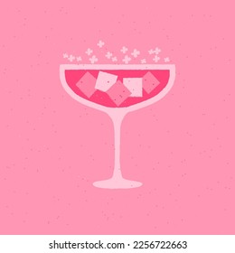 Champagne dessert glass. Frozen drink with flower and ice cubes. Rose wine for wedding and celebration. Flat vector illustration with texture. Simple retro alcohol drink poster