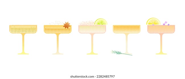 Champagne dessert glass set. Alcoholic drinks with minimal ingredients. Vector flat illustration with texture and gradient. Bright simple image with set martini glass