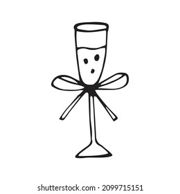 Champagne doodle set. Wedding party drinks. Doodle hand-drawn illustration. Bottle and wineglass of sparkling wine.