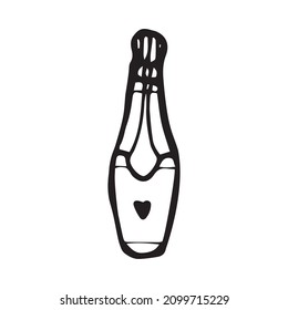 Champagne doodle set. Wedding party drinks. Doodle hand-drawn illustration. Bottle and wineglass of sparkling wine.