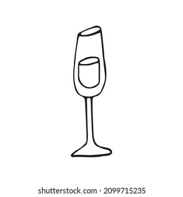 Champagne doodle set. Wedding party drinks. Doodle hand-drawn illustration. Bottle and wineglass of sparkling wine.