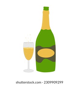 Champagne drink isolated on a white background. A bottle of champagne with a glass. A flying cork from a bottle. Poster, postcard, flyer design. The concept of the holiday. Vector flat illustration.
