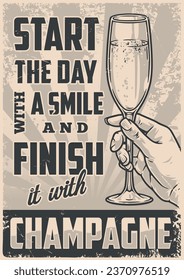 Champagne drink monochrome vintage poster with glass of flute in hand of woman offering to taste sparkling wine vector illustration