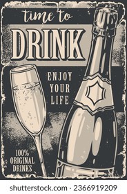 Champagne drink vintage flyer monochrome with bottle and flute filled with sparkling wine for wedding party celebration vector illustration