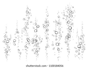 Champagne. Effervescent drink. Fizz. Underwater fizzing air, water or oxygen  bubbles on white  background. Fizzy sparkles in aquarium. Soda pop. Undersea vector texture.