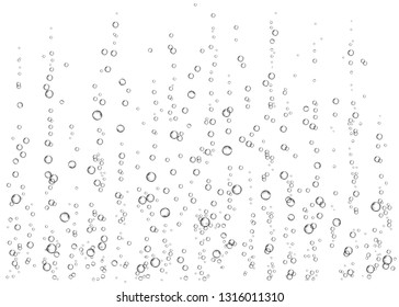 Champagne. Effervescent drink. Underwater fizzing air bubbles on white  background. Fizzy sparkles in water, sea, aquarium, ocean. Soda. Undersea vector texture.