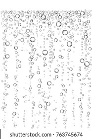 Champagne. Effervescent drink. Underwater fizzing air bubbles on white  background. Fizzy sparkles in water, sea, aquarium, ocean. Fizz. Undersea vector texture.