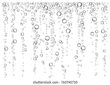 Champagne. Effervescent drink. Underwater fizzing air bubbles on white  background. Fizzy sparkles in water, sea, aquarium, ocean. Soda. Undersea vector texture.