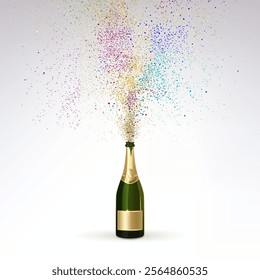 champagne and exploding colorful confetti on light background