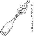 Champagne exploding with splashes and cork vector illustration in sketch style. Hand drawn prosecco or sparkling wine bottle opening. Festive alcoholic drink line art on isolated background.