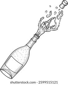 Champagne exploding with splashes and cork vector illustration in sketch style. Hand drawn prosecco or sparkling wine bottle opening. Festive alcoholic drink line art on isolated background.