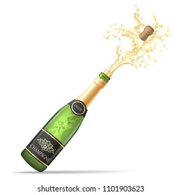 Champagne explosion. Champagne bottle pop and fizz vector illustration for alcohol drinking party celebration isolated on white background