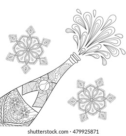 Champagne explosion bottle, snowflakes in zentangle style. Freehand sketch for adult coloring page, greeting card, poster. Artistic vector illustration for tattoo, t-shirt print. Happy 2017 New Year.