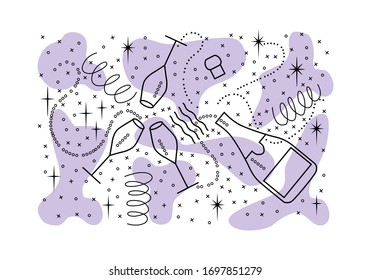 Champagner-Explosionsflasche und drei Vollgläser im Linienstil. Sterne, Splashes und Feuerwerke. Design-Elemente für Feiertage.
Flaches Design, Vektorillustration Illustration.