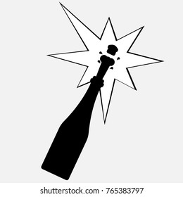 Champagne explosion with cork. Silhouette of open champagne bottle with popping cork. Vector illustration.
