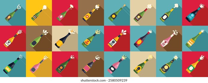  Champagne explosion icons set. Colorful popping champagne bottles pattern celebrating a special occasion with festive bubbly drinks