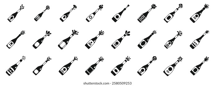  Champagne explosion icons set. Champagne explosion set. Simple set of champagne popping bottles icons for web design isolated on white background