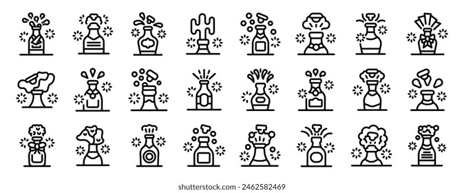 Champagne explosion vector icon. A collection of black and white icons of various bottles and vases. The icons are arranged in a grid, with each icon representing a different type of bottle or vase