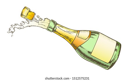 Champagne Festive Drink Glass Bottle Color Vector. Celebrate Alcoholic Beverage Champagne Opening With Popping Cork Cap And Drop Splash. Engraving Layout Designed In Retro Style Illustration