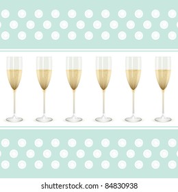 Champagne Filled Flute Glasses On A White Border Against Duck Egg Blue Background With Swirly Circles