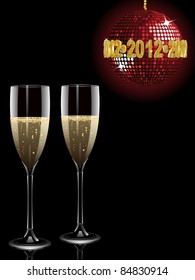 Champagne filled flutes under a sparkling red disco ball with a gold 2012 mosaic sign
