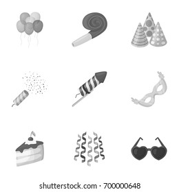 Champagne, firecrackers, cake items for the holiday.Party And Parties set collection icons in monochrome style vector symbol stock illustration web.