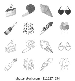 Champagne, fireworks and other accessories at the party.Party and partits set collection icons in outline,monochrome style vector symbol stock illustration web.