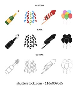 Champagne, fireworks and other accessories at the party.Party and partits set collection icons in cartoon,black,outline style vector symbol stock illustration web.
