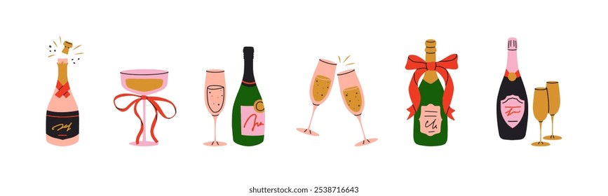 Champagne and fizzy drinks illustration. Bottles and glasses, festive drinks. Holiday and events celebration. Cartoon vector graphics