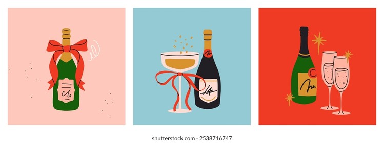 Ilustración de champán y bebidas gaseosas. Botellas y vasos, bebidas festivas. Festiva y celebración de eventos. Gráficos de Vector de dibujos animados