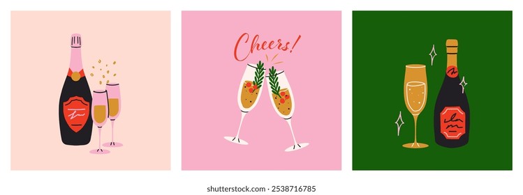 Ilustración de champán y bebidas gaseosas. Botellas y vasos, bebidas festivas. Festiva y celebración de eventos. Gráficos de Vector de dibujos animados