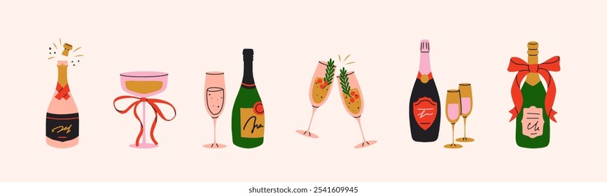 Ilustración de champán y bebidas gaseosas. Botellas y vasos, bebidas festivas. Festiva y celebración de eventos. Gráficos de Vector de dibujos animados