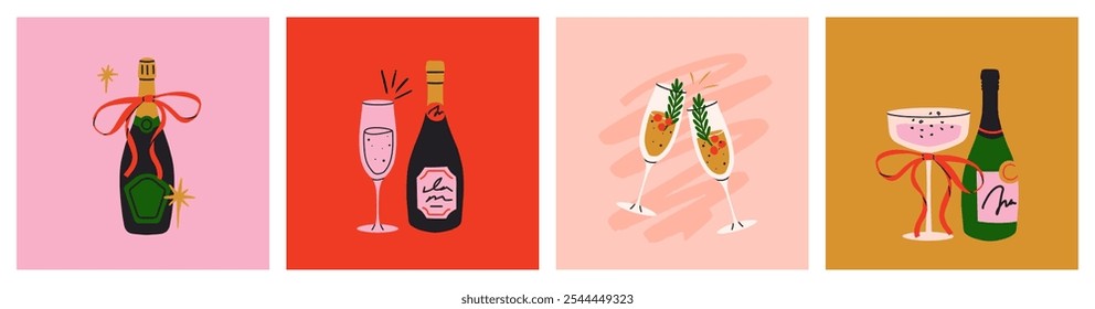 Ilustración de champán y bebidas gaseosas. Botellas y vasos, bebidas festivas. Festiva y celebración de eventos. Gráficos de Vector de dibujos animados