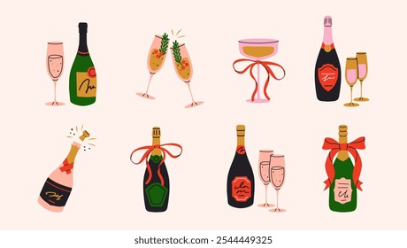 Ilustración de champán y bebidas gaseosas. Botellas y vasos, bebidas festivas. Festiva y celebración de eventos. Gráficos de Vector de dibujos animados