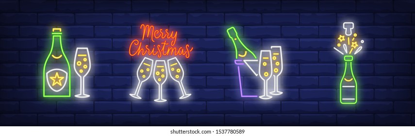 Champagne flutes and bottles neon signs set. Celebration, holiday party design. Night bright neon sign, colorful billboard, light banner. Vector illustration in neon style.