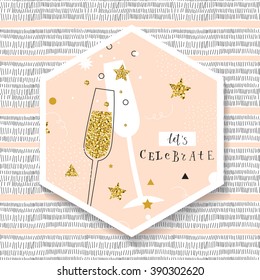 champagne flutes with golden bubbles on minimalistic background with space for text. Let's celebrate