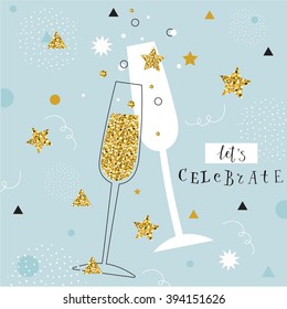 champagne flutes with golden bubbles on minimalistic background with space for text. let's celebrate