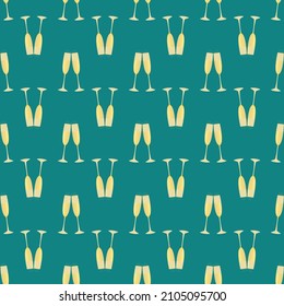 Champagne flutes vector seamless pattern background. Teal gold backdrop with prosecco glasses in horizontal rows. Sparkling wine drinks design. Repeat for party celebration, occasion, wedding
