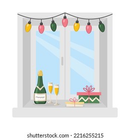 Champagne and gifts are on the window. vector illustration