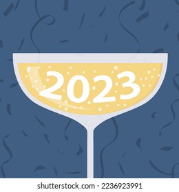 champagne glass with 2023 year, cheers, party, celebration of New Year's Eve- vector illustration