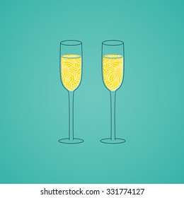 Champagne glass with abstract doodle pattern. Christmas collection. Vector illustration.